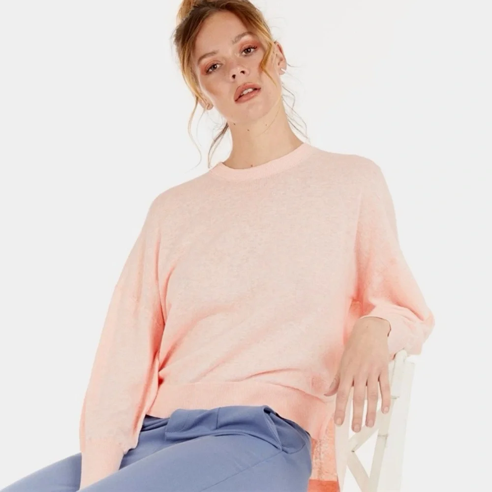 Ted Baker London Cotton Linen Blend Long Sleeve peach Jumper Pullover Sweater